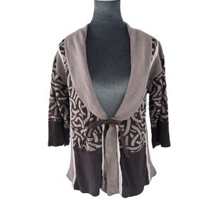 Liamolly New Orleans Cardigan Brown Tan Geometric Print Tie Front Shawl Collar L